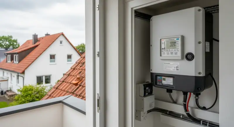 Modern German electrical meter cabinet (Zählerschrank) with smart meter and solar inverter connection, clean technical installation