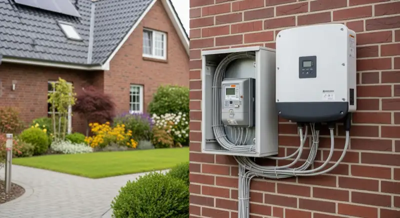 Modern German electrical meter cabinet (Zählerschrank) with smart meter and solar inverter connection, clean technical installation