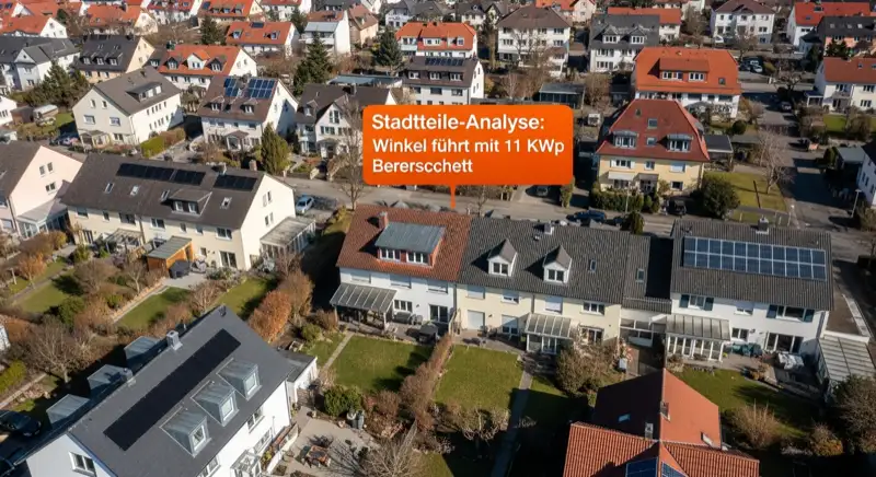 Aerial drone view of typical German residential neighborhood with mixed roof types, red and dark roof tiles, gardens visible, sunny day