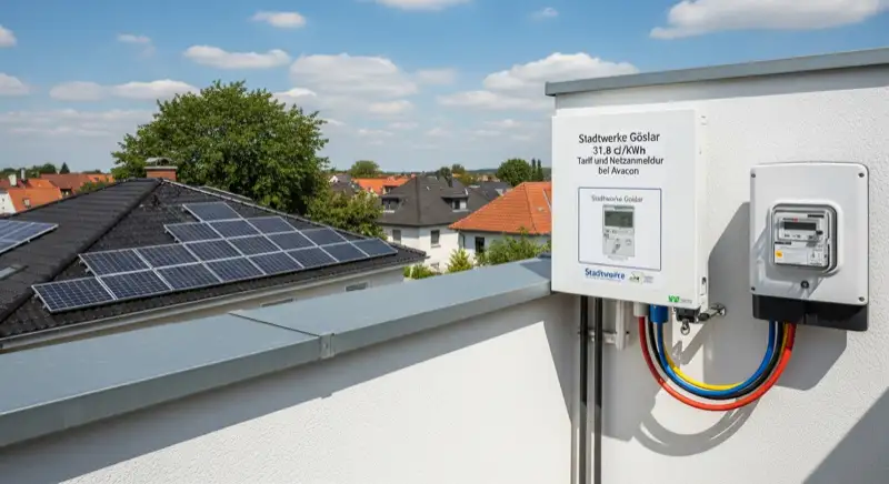 Modern German electrical meter cabinet (Zählerschrank) with smart meter and solar inverter connection, clean technical installation