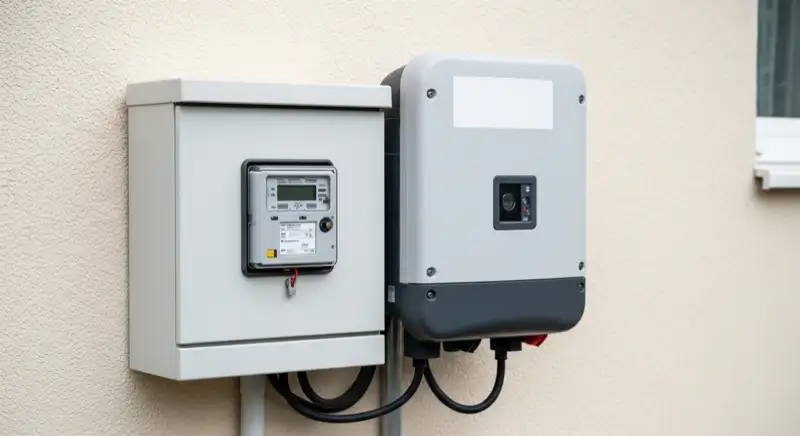 Modern German electrical meter cabinet (Zählerschrank) with smart meter and solar inverter connection, clean technical installation