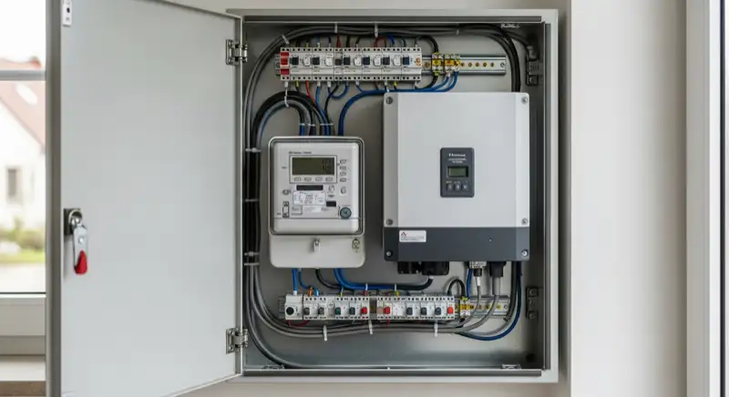 Modern German electrical meter cabinet (Zählerschrank) with smart meter and solar inverter connection, clean technical installation