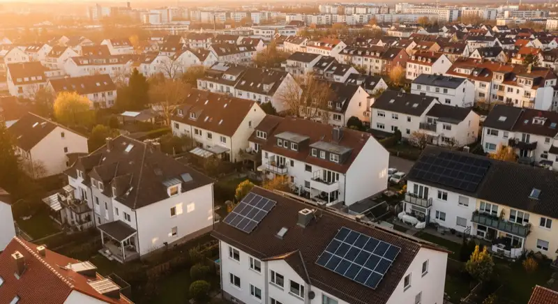 Aerial drone view of typical German residential neighborhood with mixed roof types, red and dark roof tiles, gardens visible, sunny day
