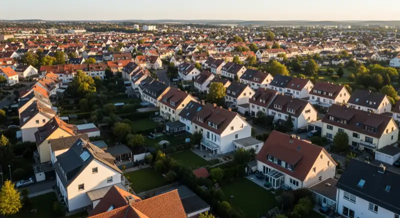 Aerial drone view of typical German residential neighborhood with mixed roof types, red and dark roof tiles, gardens visible, sunny day