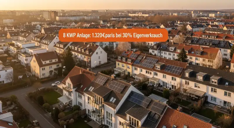 Aerial drone view of typical German residential neighborhood with mixed roof types, red and dark roof tiles, gardens visible, sunny day
