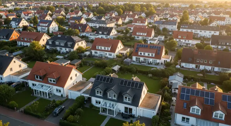 Aerial drone view of typical German residential neighborhood with mixed roof types, red and dark roof tiles, gardens visible, sunny day