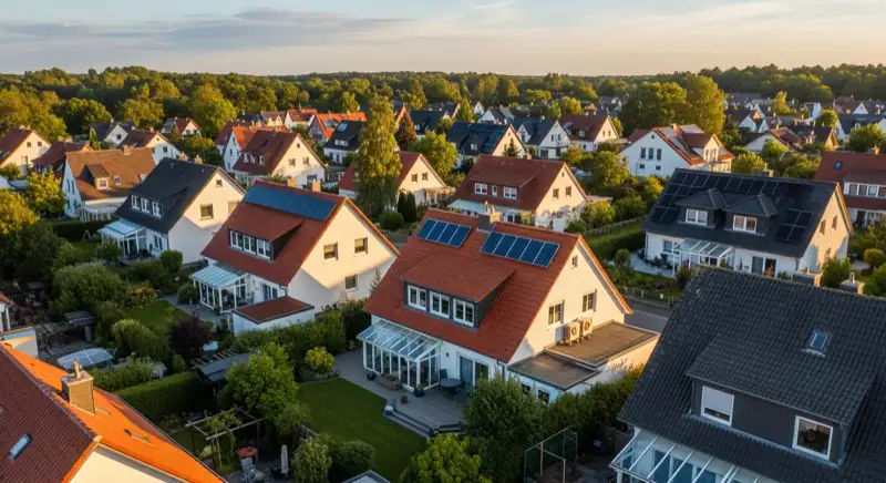 Aerial drone view of typical German residential neighborhood with mixed roof types, red and dark roof tiles, gardens visible, sunny day