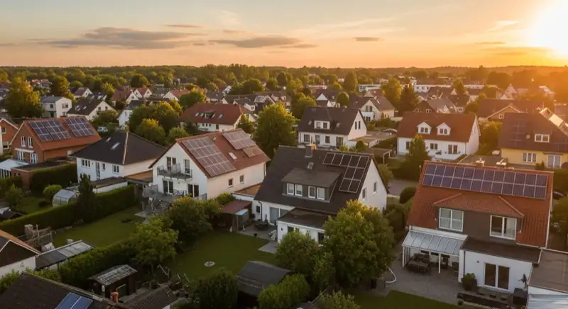 Aerial drone view of typical German residential neighborhood with mixed roof types, red and dark roof tiles, gardens visible, sunny day