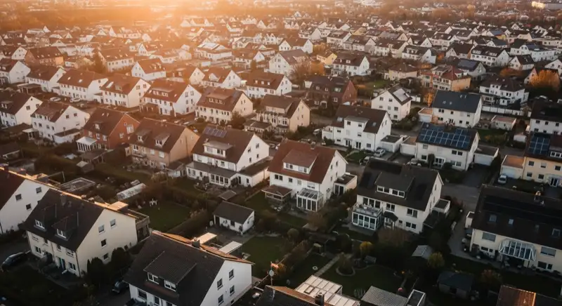 Aerial drone view of typical German residential neighborhood with mixed roof types, red and dark roof tiles, gardens visible, sunny day