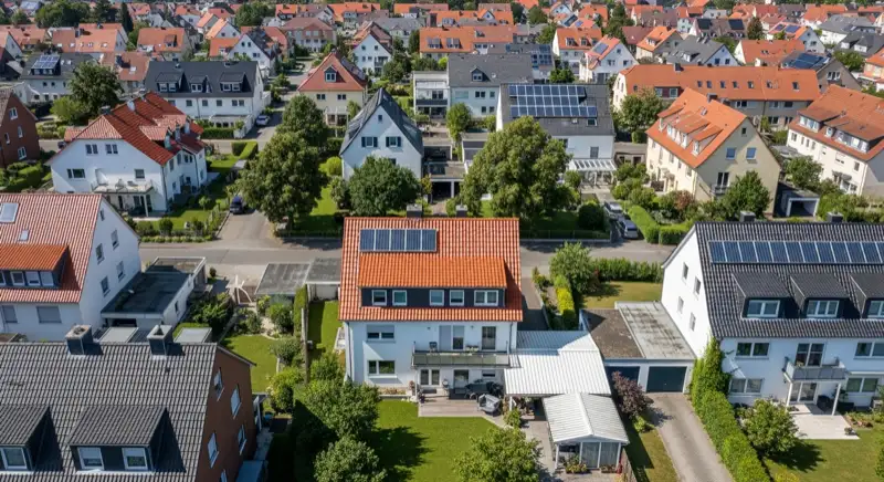Aerial drone view of typical German residential neighborhood with mixed roof types, red and dark roof tiles, gardens visible, sunny day