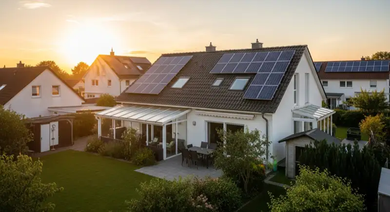 German detached house (Einfamilienhaus) with photovoltaic panels on pitched roof, well-maintained garden, warm afternoon sunlight