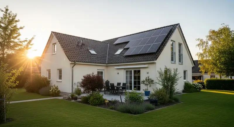 German detached house (Einfamilienhaus) with photovoltaic panels on pitched roof, well-maintained garden, warm afternoon sunlight