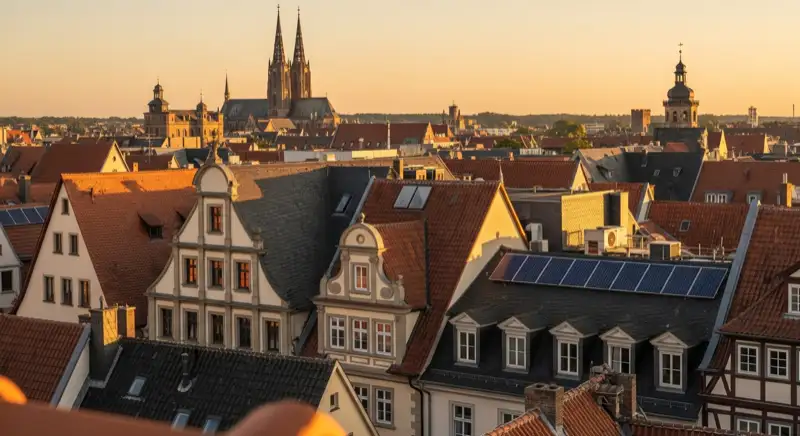 Güstrower Altstadt-Dachlandschaft mit historischen Gebäuden und engen Dachflächen