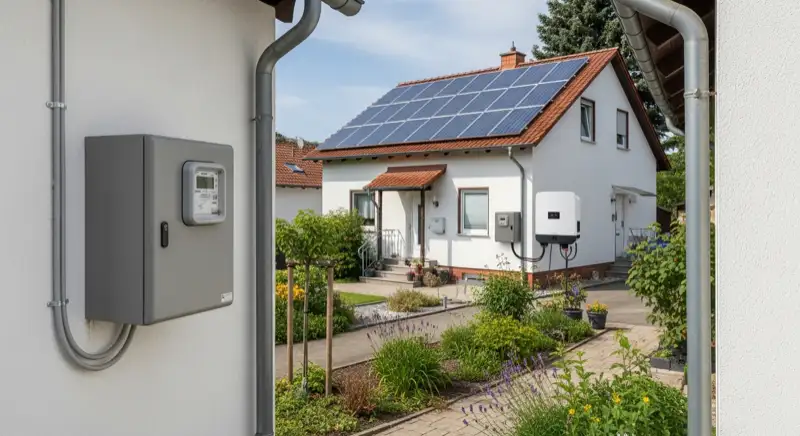 Modern German electrical meter cabinet (Zählerschrank) with smart meter and solar inverter connection, clean technical installation