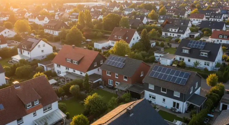 Aerial drone view of typical German residential neighborhood with mixed roof types, red and dark roof tiles, gardens visible, sunny day
