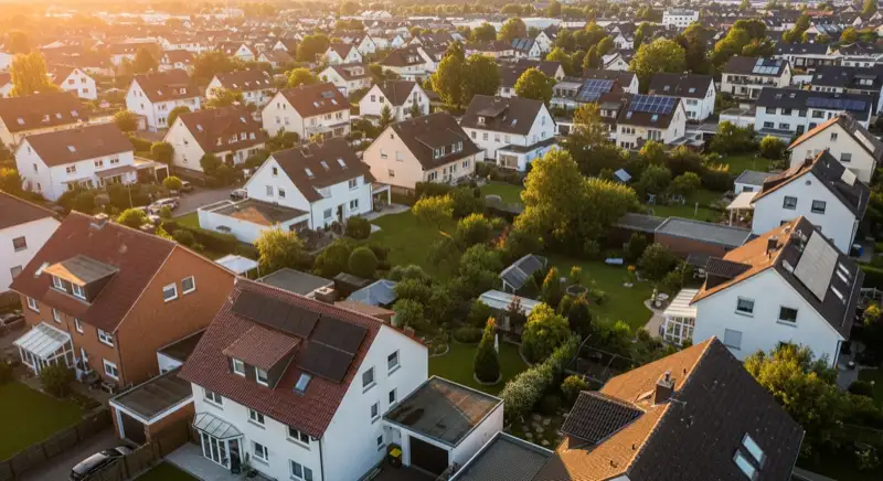 Aerial drone view of typical German residential neighborhood with mixed roof types, red and dark roof tiles, gardens visible, sunny day