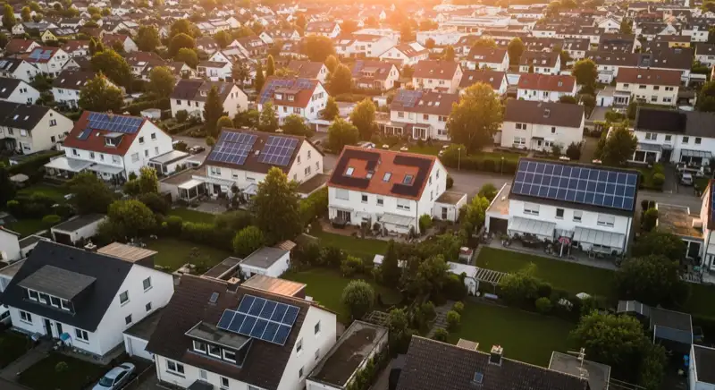 Aerial drone view of typical German residential neighborhood with mixed roof types, red and dark roof tiles, gardens visible, sunny day