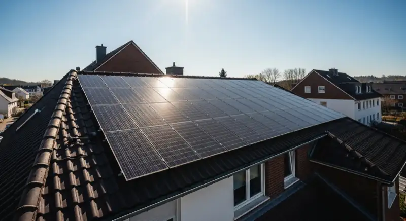 Solarteur bei Wartungsarbeiten an Photovoltaikanlage auf Hausdach in Gütersloh