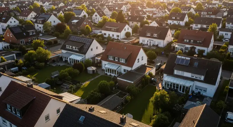 Aerial drone view of typical German residential neighborhood with mixed roof types, red and dark roof tiles, gardens visible, sunny day