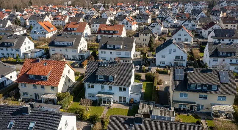 Aerial drone view of typical German residential neighborhood with mixed roof types, red and dark roof tiles, gardens visible, sunny day