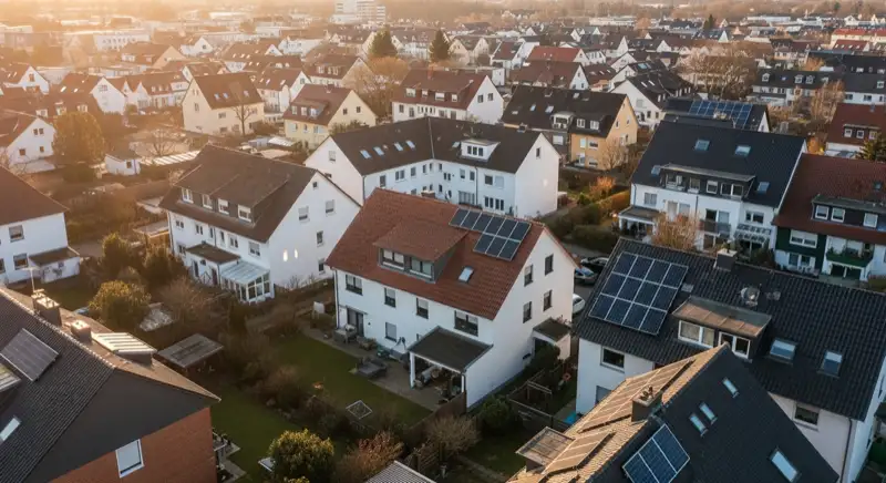 Aerial drone view of typical German residential neighborhood with mixed roof types, red and dark roof tiles, gardens visible, sunny day