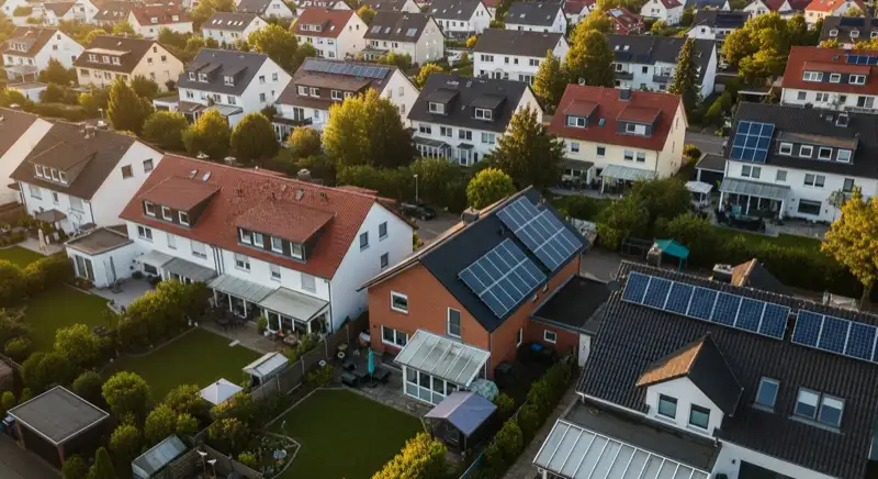 Aerial drone view of typical German residential neighborhood with mixed roof types, red and dark roof tiles, gardens visible, sunny day