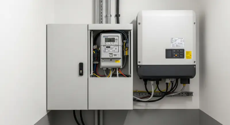 Modern German electrical meter cabinet (Zählerschrank) with smart meter and solar inverter connection, clean technical installation