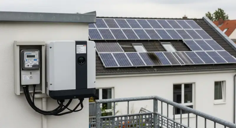 Modern German electrical meter cabinet (Zählerschrank) with smart meter and solar inverter connection, clean technical installation