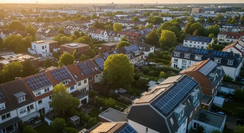 Aerial drone view of typical German residential neighborhood with mixed roof types, red and dark roof tiles, gardens visible, sunny day