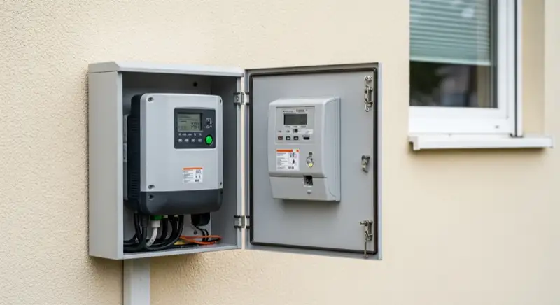 Modern German electrical meter cabinet (Zählerschrank) with smart meter and solar inverter connection, clean technical installation