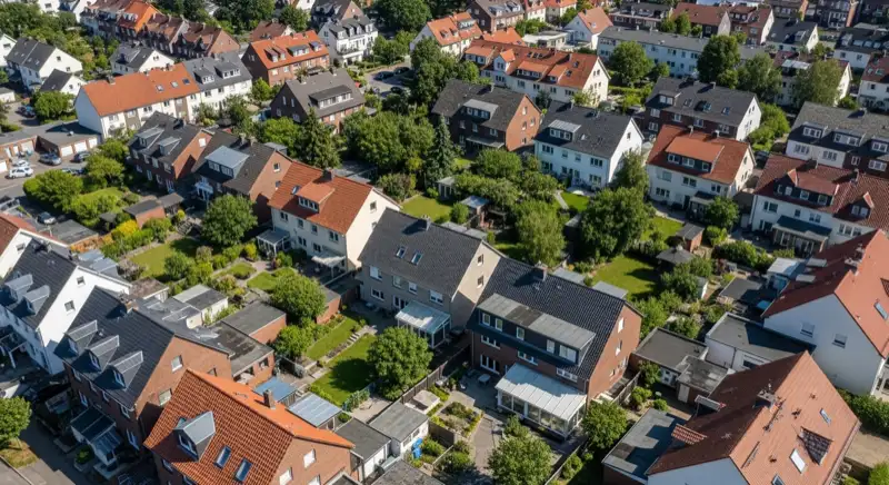 Aerial drone view of typical German residential neighborhood with mixed roof types, red and dark roof tiles, gardens visible, sunny day