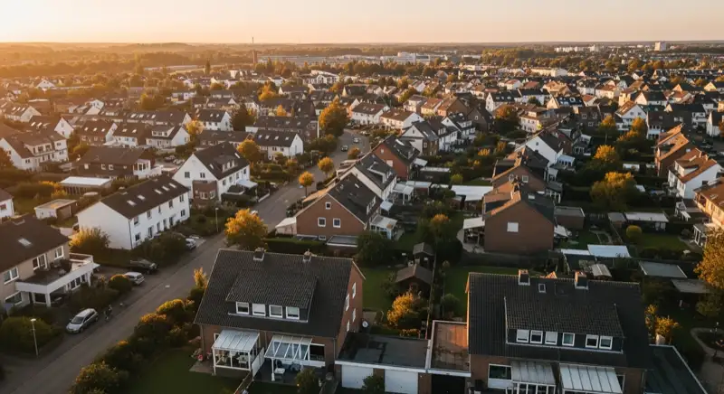 Aerial drone view of typical German residential neighborhood with mixed roof types, red and dark roof tiles, gardens visible, sunny day