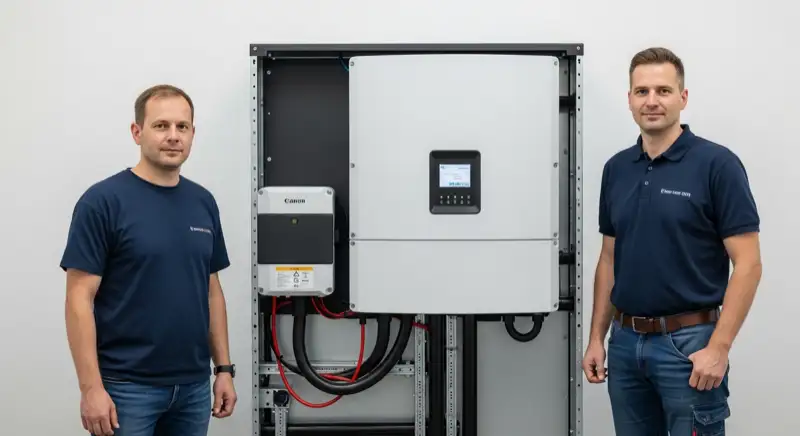 Solarinstallateure bei der Montage von Photovoltaikmodulen auf einem Dach in Hanau