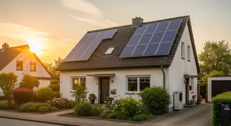 Hausbesitzer-Paar vor Einfamilienhaus in Hannover, sonniger Tag, positive Energie-Szenerie