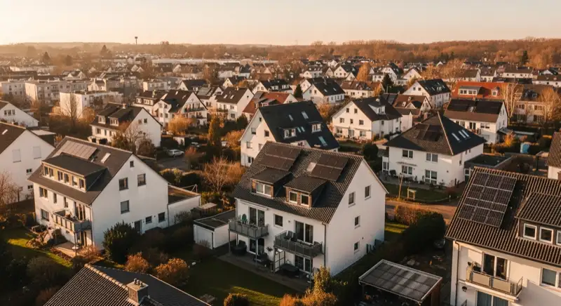 Wohngebiete in Hannover mit verschiedenen Bauformen, typische Einfamilienhäuser und Dachstrukturen aus der Luft