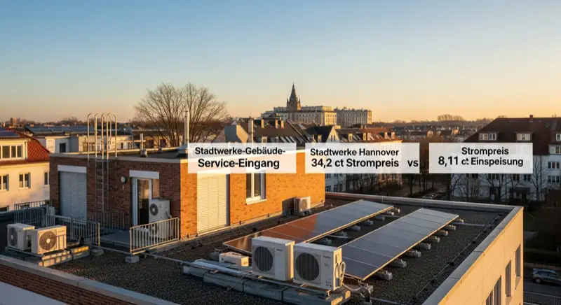 Blick auf das Stadtwerke-Gebäude in Hannover mit Service-Eingang, lokale Versorgeratmosphäre