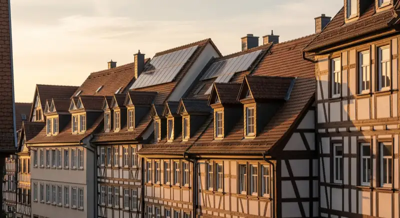 Historische Fachwerkhäuser in der Hattinger Altstadt mit denkmalgeschützten Dächern