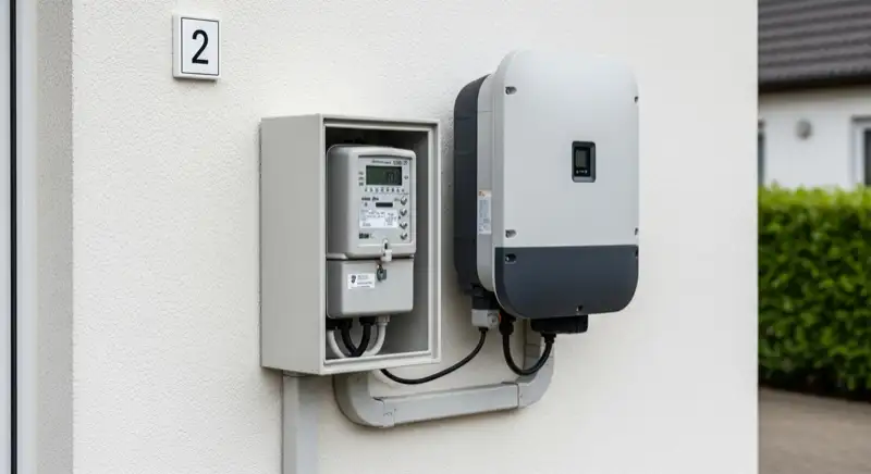 Modern German electrical meter cabinet (Zählerschrank) with smart meter and solar inverter connection, clean technical installation