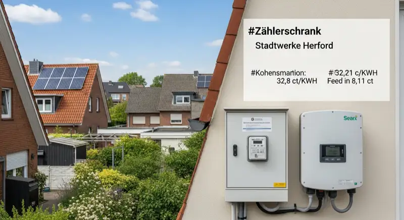 Modern German electrical meter cabinet (Zählerschrank) with smart meter and solar inverter connection, clean technical installation