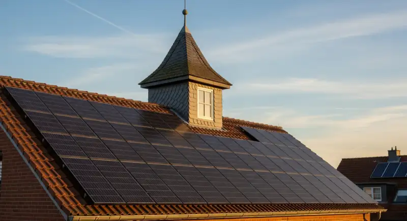 Close-up of photovoltaic solar panels installed on a traditional German Satteldach (gabled roof), blue sky with some clouds