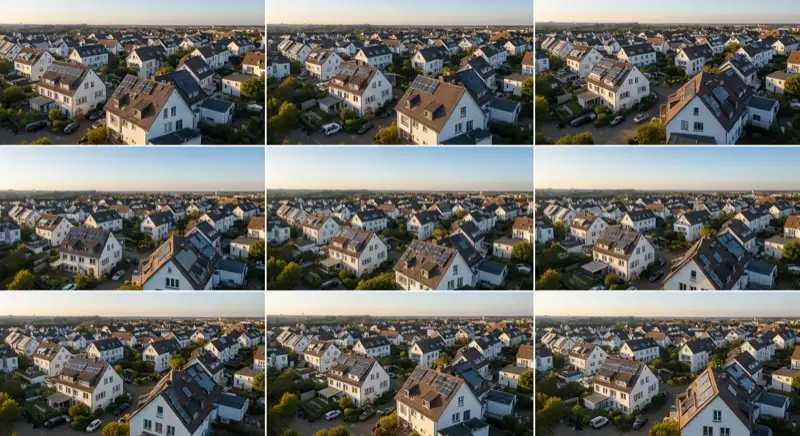 Aerial drone view of typical German residential neighborhood with mixed roof types, red and dark roof tiles, gardens visible, sunny day