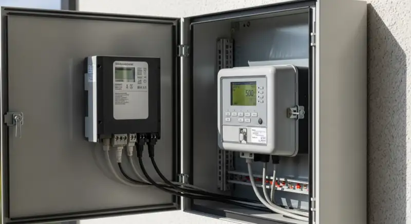 Modern German electrical meter cabinet (Zählerschrank) with smart meter and solar inverter connection, clean technical installation