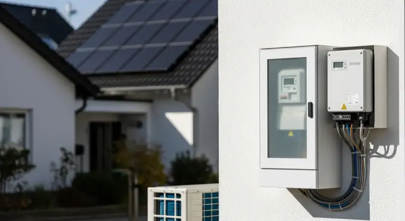 Modern German electrical meter cabinet (Zählerschrank) with smart meter and solar inverter connection, clean technical installation