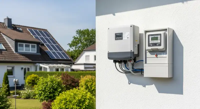 Modern German electrical meter cabinet (Zählerschrank) with smart meter and solar inverter connection, clean technical installation