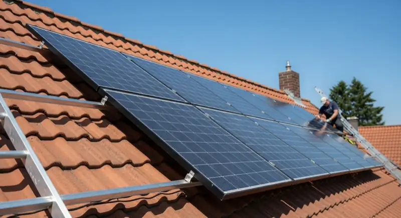 Installateur montiert Solarmodule auf Hausdach in Hildesheim
