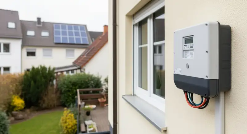 Modern German electrical meter cabinet (Zählerschrank) with smart meter and solar inverter connection, clean technical installation
