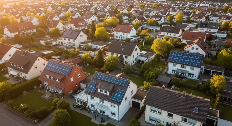 Aerial drone view of typical German residential neighborhood with mixed roof types, red and dark roof tiles, gardens visible, sunny day