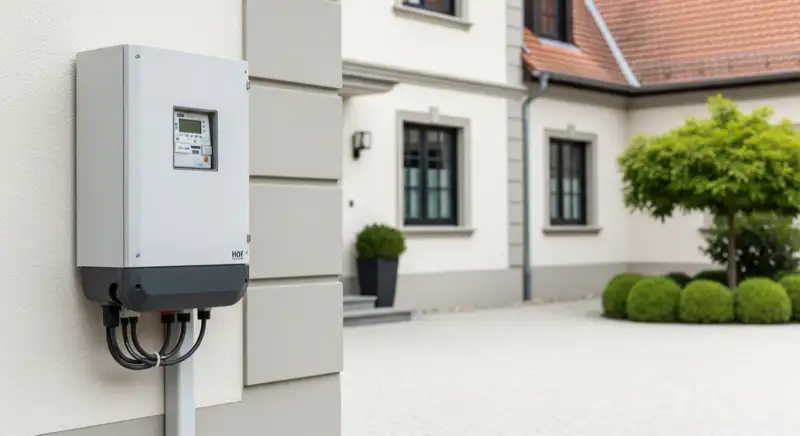 Modern German electrical meter cabinet (Zählerschrank) with smart meter and solar inverter connection, clean technical installation