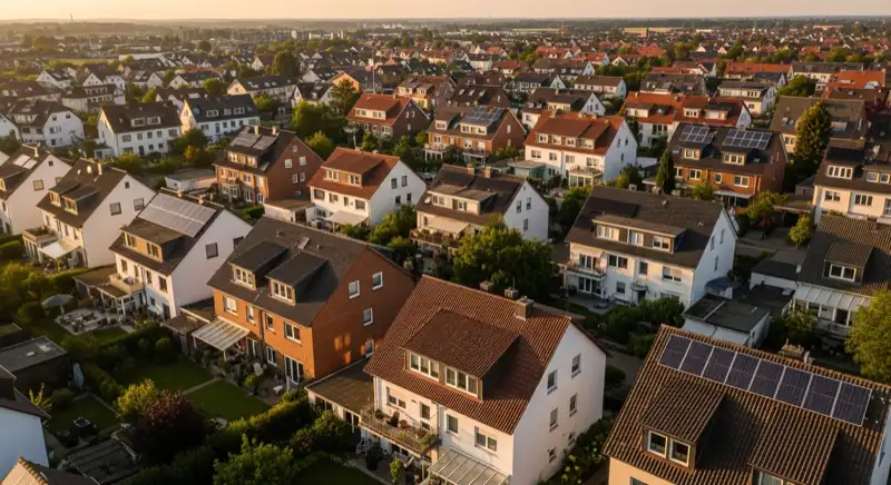 Aerial drone view of typical German residential neighborhood with mixed roof types, red and dark roof tiles, gardens visible, sunny day