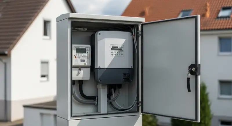 Modern German electrical meter cabinet (Zählerschrank) with smart meter and solar inverter connection, clean technical installation